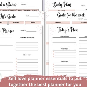 May include: A printable planner with a pink and white color scheme. The planner includes sections for monthly, weekly, and daily planning. It also includes sections for life goals, self-care priorities, and random thoughts. The planner is designed to help you stay organized and on track with your goals.