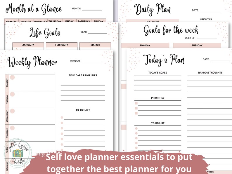 May include: A printable planner with a pink and white color scheme. The planner includes sections for monthly, weekly, and daily planning. It also includes sections for life goals, self-care priorities, and random thoughts. The planner is designed to help you stay organized and on track with your goals.