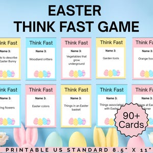 Peut inclure: Un jeu Think Fast sur le thème de Pâques, imprimable, avec des cartes colorées. Le jeu comprend des catégories telles que "Mots pour décrire le lapin de Pâques" et "Couleurs de Pâques". Le jeu comprend plus de 90 cartes.