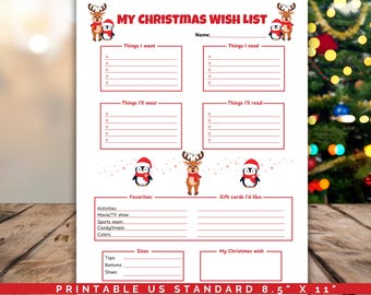Op de afbeelding: Een afdrukbare kerstwensenlijst op papier van 21,6 x 27,9 cm. De rood omrande lijst bevat secties voor wensen, behoeften, kleding en lezen, met ruimte voor favorieten, cadeaubonnen, maten en een kerstwens. Feestelijke rendier- en pinguïnillustraties sieren de boven- en onderkant.