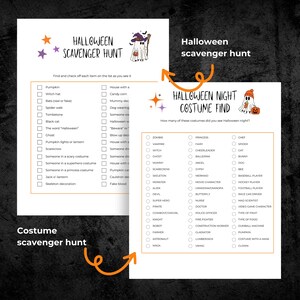 May include: Two Halloween-themed scavenger hunt printables. One is a list of items to find, the other is a costume find game. Both feature orange and purple accents and cartoon illustrations of ghosts and witches.