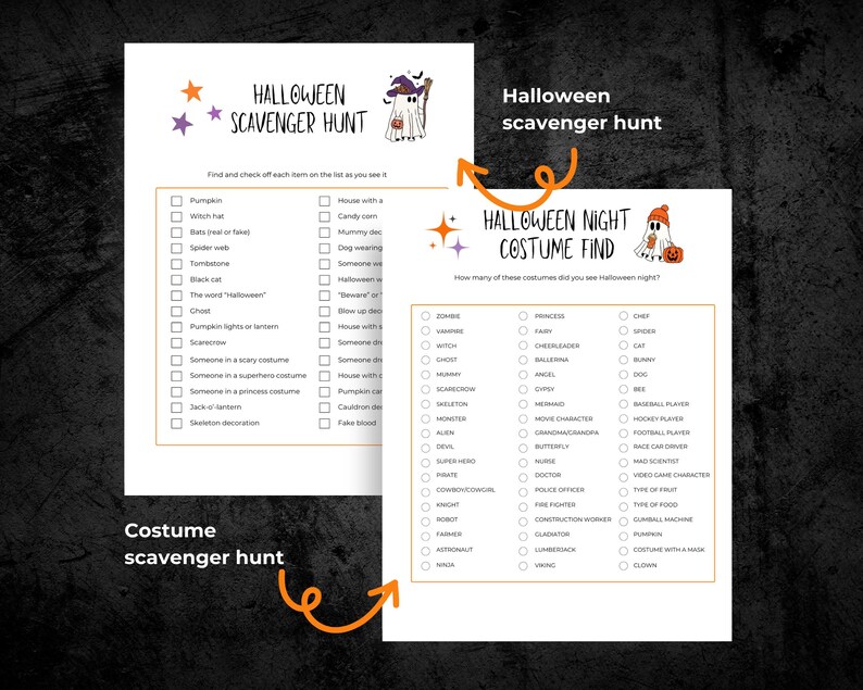 May include: Two Halloween-themed scavenger hunt printables. One is a list of items to find, the other is a costume find game. Both feature orange and purple accents and cartoon illustrations of ghosts and witches.
