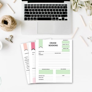 May include: Printable cruise booking checklist with sections for cruise line, ship, itinerary, sailing date, booking details, inclusions, and costs. The checklist is designed with a light green, pink, and gray color scheme.