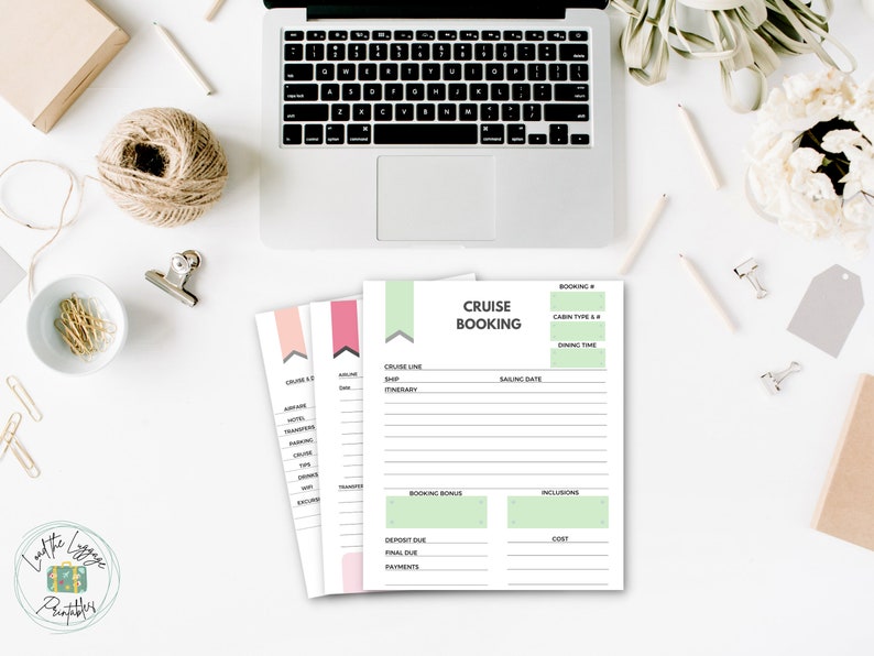 May include: Printable cruise booking checklist with sections for cruise line, ship, itinerary, sailing date, booking details, inclusions, and costs. The checklist is designed with a light green, pink, and gray color scheme.