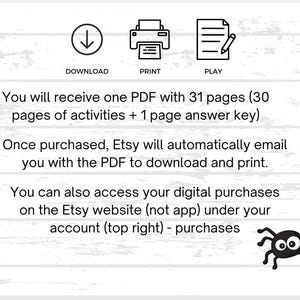 May include: White background with black text and icons for download, print, and play. The text describes a 31-page PDF with activities and how to access it after purchase. A small black spider graphic is in the bottom right corner.