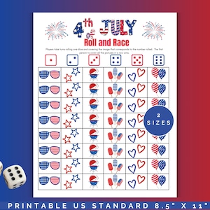 May include: A printable 4th of July themed game board with dice and patriotic images. The game is titled "4th of July Roll and Race" and includes dice, sunglasses, stars, barbecue grills, popsicles, hearts, and balloons. The board is 8.5" x 11".