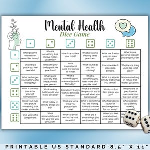 Jeu de dés de conversation sur la santé mentale, jeu de pleine conscience pour adultes et adolescents, groupe de thérapie brise-glace, activité d'adaptation, bien-être