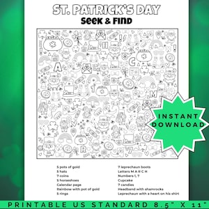 May include: Black and white St. Patrick's Day seek and find printable. The image includes a list of items to find, such as pots of gold, hats, coins, horseshoes, and leprechaun boots. The text "Instant Download" is also present.