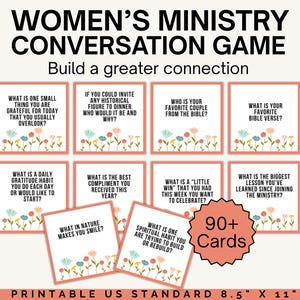 Op de afbeelding: Een set afdrukbare gesprekskaarten voor Women's Ministry. De kaarten bevatten verschillende vragen die bedoeld zijn om discussie op te wekken en verbindingen te creëren. De kaarten zijn versierd met bloemenillustraties en de tekst "90+ Cards". De afmeting is 21,6 cm x 27,9 cm.