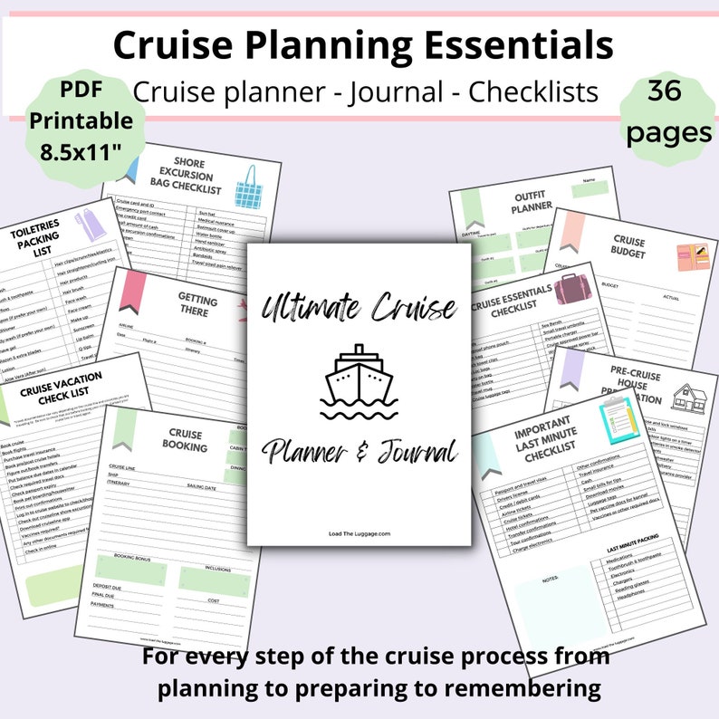 Printable cruise planner.  36 pages including cruise packing checklists, cruise journal pages, travel budgeting and more.