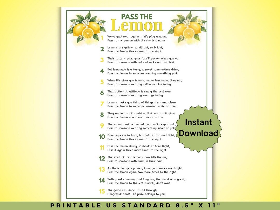Pass the Lemon Game, Lemon Party Game, Lemon Baby Shower, Lemon Bridal ...