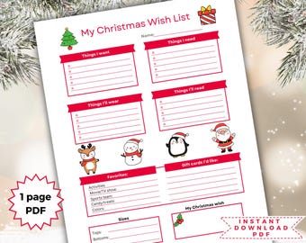 Op de afbeelding: Printbare kerst verlanglijst met secties voor dingen die ik wil, dingen die ik nodig heb, dingen die ik zal dragen, dingen die ik zal lezen, cadeaubonnen die ik graag wil en mijn kerstverlangen. Het bevat ook een sectie voor favorieten, maten en een ruimte voor een naam.