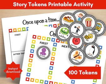Pode incluir: Fichas de história imprimíveis com várias ilustrações, incluindo sapatos, um monstro e uma borboleta. O texto "Story Tokens Printable Activity" e "100 Tokens" são visíveis. As palavras "Once upon a time..." e "Instant download" também estão presentes.