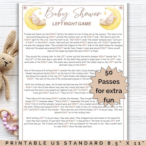 Puede incluir: Juego imprimible para baby shower en papel de 21 x 29,7 cm. El juego se titula "Baby Shower Left Right Game" y presenta un gráfico de conejito y luna. Incluye un gráfico en forma de estrella que dice "50 Passes for extra fun".