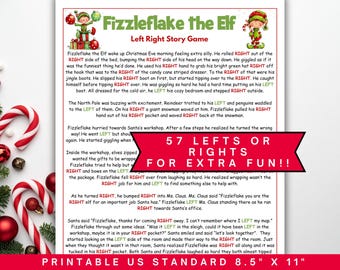 May include: Printable US Standard 8.5" x 11" paper with the title "Fizzleflake the Elf Left Right Story Game." The text is in black with red accents, featuring elf illustrations and a banner that reads "57 LEFTS OR RIGHTS FOR EXTRA FUN!!"