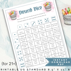 Printable drunk dice game, drinking game, printable dice drinking game, drunk dice, party drinking game, adult party game, girls night game