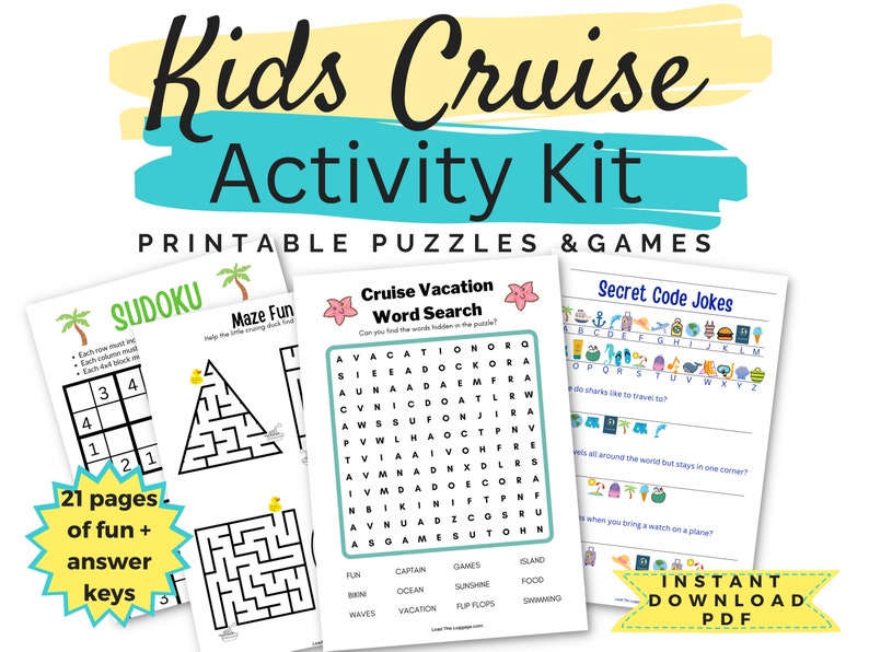 Kids cruise activity kit, printable puzzles and games.  21 pages of fun.  Image is 3 of the puzzles.  Kids word search, secret code jokes, kids sudoku and a maze for kids.