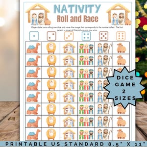 May include: A printable Nativity-themed board game with the title "Nativity Roll and Race". The game features illustrations of camels, sheep, and the Nativity scene. The game includes dice and instructions for play. The text "Dice Game 2 Sizes" is also visible.
