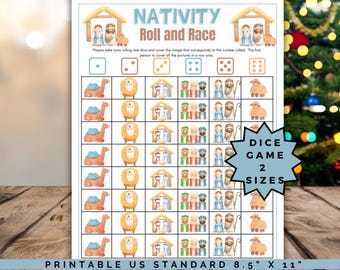 以下が含まれることがあります： 「Nativity Roll and Race」というタイトルの、印刷可能な降誕をテーマにしたボードゲーム。ラクダ、羊、降誕のシーンのイラストが特徴です。ゲームにはサイコロと遊び方の説明が含まれています。