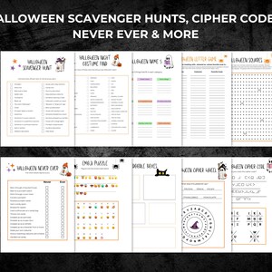 May include: A collection of Halloween-themed printable activity sheets. The pages include scavenger hunts, cipher codes, and a "Never Ever" game. The text on the top reads "Halloween Scavenger Hunts, Cipher Codes, Never Ever & More."