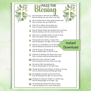 May include: A white rectangular game card titled Pass the Blessing with green eucalyptus leaf accents and white crosses at the top corners. The card features fifteen numbered rhyming instructions for a group activity, with a green Instant Download tag.