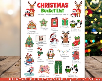 Può includere: Un elenco di attività natalizie stampabile con illustrazioni festive. L'elenco include attività come decorare un albero, creare biglietti e guardare film. Il testo in basso recita "PRINTABLE US STANDARD 8.5" X 11" OR A4."