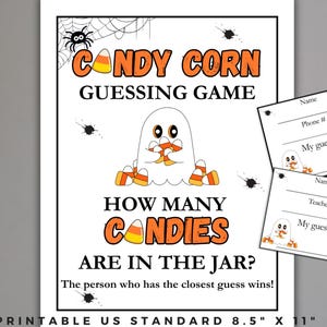 Peut inclure: Jeu imprimable sur le thème d'Halloween avec le texte "Candy Corn Guessing Game". Le design présente un fantôme tenant des bonbons au maïs, une araignée et des éclaboussures. Comprend des cartes de devinettes. Format papier 21,59 cm x 27,94 cm.