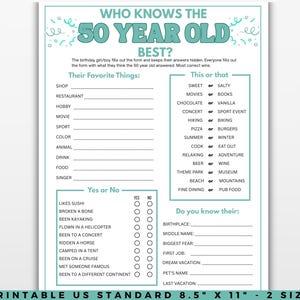 Puede incluir: Hoja de juego imprimible para la fiesta de cumpleaños número 50 con preguntas para completar. La hoja turquesa y blanca incluye indicaciones para cosas favoritas, preguntas de sí o no y detalles personales. El texto dice "¿Quién conoce mejor al de 50 años?"