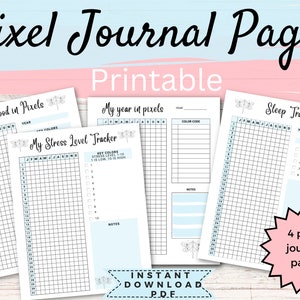 Puede incluir: Cuatro páginas de diario de píxeles imprimibles con un fondo azul claro y rosa. Las páginas incluyen rastreadores para el estado de ánimo, el nivel de estrés, el año en píxeles y el sueño. Cada página presenta una ilustración de libélula.