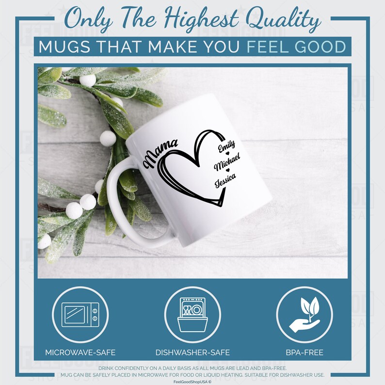 Pu&ograve; includere: Una tazza in ceramica bianca con un design a forma di cuore nero e il testo "Mama" e "Emily, Michael, Jessica" all'interno del cuore. La tazza &egrave; adatta al microonde e alla lavastoviglie ed &egrave; priva di BPA.