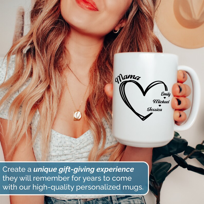 Pu&ograve; includere: Una tazza da caff&egrave; in ceramica bianca con un design a forma di cuore nero e la parola "Mama" scritta sopra. Il cuore contiene tre nomi: Emily, Michael e Jessica.