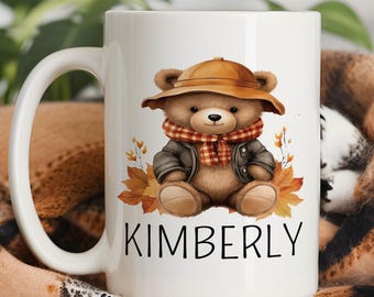 Autumn Teddy Bear Mug, Personalized Fall Teddy Bear Gift, Custom Teddy Bear Name Mug, Teddy Bear Coffee Mug Cup, Gift For Teddy Bear Lovers