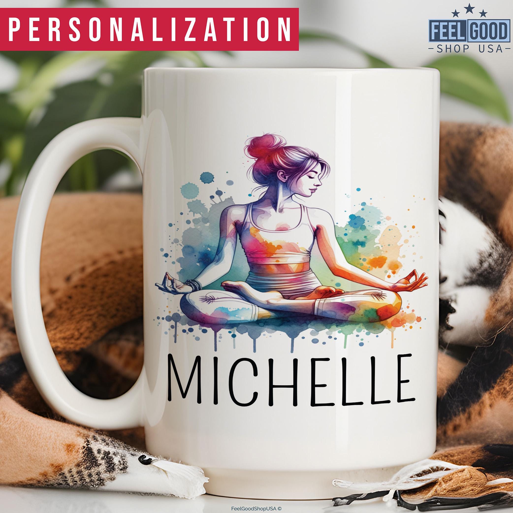 Custom Yoga Teacher Mug - Personalized 15oz Ceramic Cup With Name & Watercolor Yoga Pose, Unique Gift For Yoga Lovers