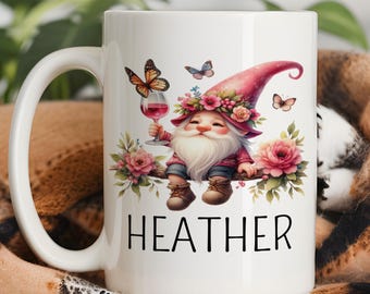 Floral Gnome Drinking Wine Mug, Personalized Gnome Wine Gift, Custom Gnome Wine Name Mug, Gnome Wine Coffee Mug Cup, Gnome Lovers Wine Gift