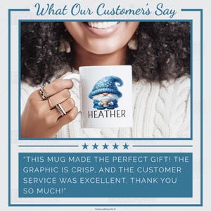 May include: A white ceramic mug with a blue gnome graphic and the name 'HEATHER' printed on it. The mug is being held by a person. The text 'THIS MUG MADE THE PERFECT GIFT! THE GRAPHIC IS CRISP, AND THE CUSTOMER SERVICE WAS EXCELLENT. THANK YOU SO MUCH!' is below the mug.