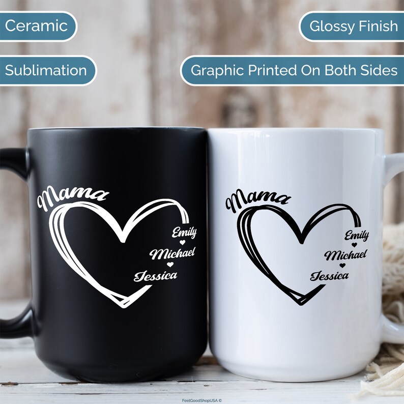 Pu&ograve; includere: Due tazze da caff&egrave; in ceramica con finitura lucida. Entrambe le tazze presentano una grafica in bianco e nero di un cuore con la parola "Mama" sopra. Il cuore ha tre cuori pi&ugrave; piccoli all'interno con i nomi "Emily", "Michael" e "Jessica" scritti sotto.