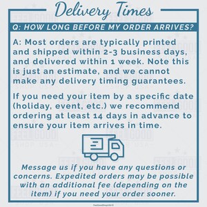 Pu&ograve; includere: Una grafica blu e bianca con il testo "Delivery Times" e "Q: HOW LONG BEFORE MY ORDER ARRIVES?" La grafica spiega che la maggior parte degli ordini viene generalmente stampata e spedita entro 2-3 giorni lavorativi e consegnata entro 1 settimana. Indica anche che se hai bisogno del tuo articolo entro una data specifica, dovresti ordinarlo almeno 14 giorni in anticipo. Nella grafica &egrave; raffigurato un camion dei cartoni animati.