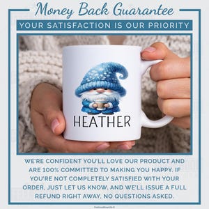 May include: A white ceramic coffee mug with a blue gnome illustration and the name 'HEATHER' printed on it. The mug is surrounded by a white border with the text 'Money Back Guarantee' and 'Your Satisfaction is Our Priority' at the top and 'We're confident you'll love our product and are 100% committed to making you happy. If you're not completely satisfied with your order, just let us know, and we'll issue a full refund right away, no questions asked.' at the bottom.
