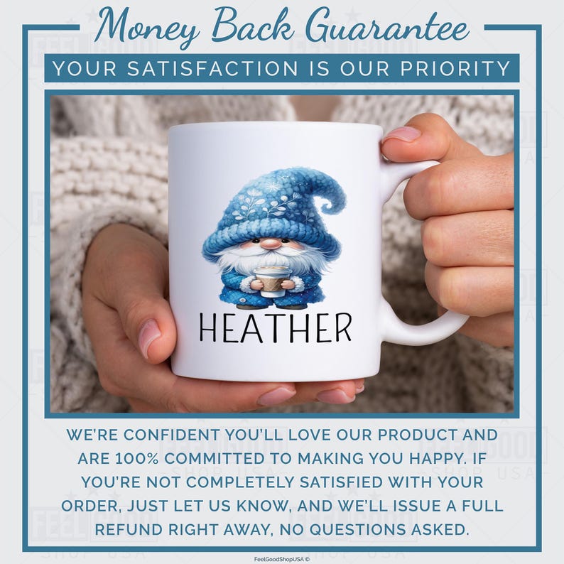 May include: A white ceramic coffee mug with a blue gnome illustration and the name 'HEATHER' printed on it. The mug is surrounded by a white border with the text 'Money Back Guarantee' and 'Your Satisfaction is Our Priority' at the top and 'We're confident you'll love our product and are 100% committed to making you happy. If you're not completely satisfied with your order, just let us know, and we'll issue a full refund right away, no questions asked.' at the bottom.