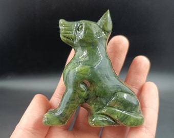 Green jade carving lucky dog statue ornaments, safe jade carving puppy Fengshui jade ornament crafts, Wealth Good Luck Best Gift for Office