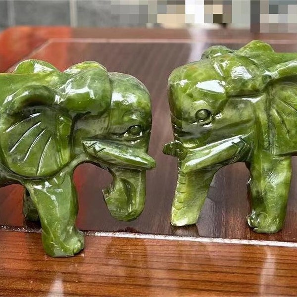Get a pair of natural green jade carved beautiful and lovely elephants holding money and attracting wealth Jade Elephant Statue Collection