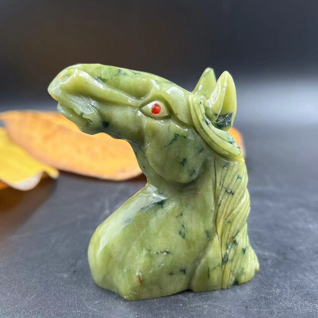 Natural Green Jade Carved Horse Head Ornaments, Safe Jade Carved Zodiac Horse Fengshui Jade