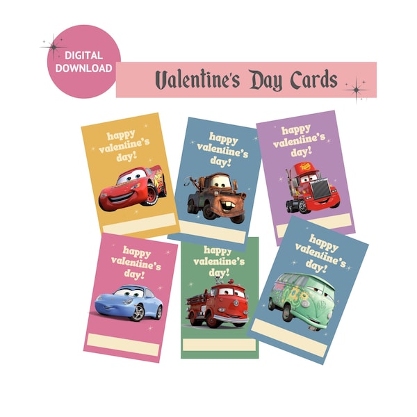 Cars Lightning McQueen Mater Valentine's Day Cards | Retro Cars Printable Valentines Cards