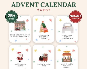 Può includere: Carte per calendario dell'Avvento natalizio con oltre 25 modelli modificabili e stelle colorate. Ogni carta mostra un'illustrazione festiva e testo: Drive Around & Look at Christmas Lights, Read a New Christmas Book, Christmas Themed Sensory Bin, Meet Santa Claus, Go on a Train Ride e Visit a Local Holiday Market.