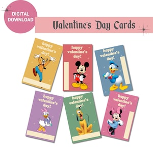 Micky Maus und Freunde Valentinstagskarten | Retro Mickey Minnie Donald Daisy Pluto Goofy druckbare Valentinskarten
