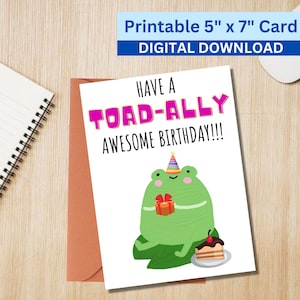Grappige 5 x 7 afdrukbare verjaardag wenskaart kikker Toad afdrukbare digitale download met envelop sjabloon