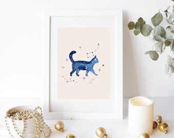 Celestial Cat Familiar Astrological Zodiac Watercolor Digital Wall Art Print