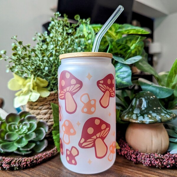 Retro Mushroom Frosted Glass Cup | Cottagecore 16 Ounce Vintage Glass Can Tumbler | Fairycore Hippy Aesthetic | New Age Nature Sustainable