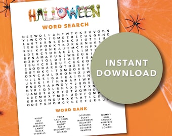 May include: A printable Halloween word search puzzle with a word bank. The puzzle features a grid of letters with words related to Halloween, such as "costume", "vampire", "treat", and "ghost".