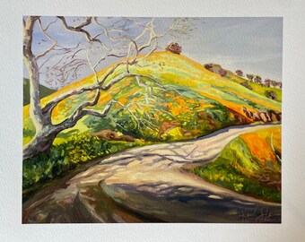 May include: A painting of a winding dirt road leading up a hill covered in yellow wildflowers. A bare-branched tree leans over the road in the foreground. The sky is a light blue with some clouds.